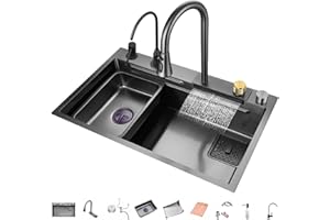 GMTSTORE Lavello da Cucina A Vasca 304 Lavello da Cucina in Acciaio Inossidabile Singolo Lavandino A Cascata Bar Multifunzione Fatto A Mano con Rubinetto Estraibile E Componenti di Drenaggio (Color : Black-a