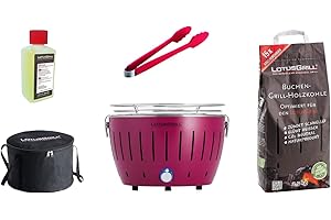 LotusGrill S Small Kompakt Starter-Set Pflaumenlila der raucharme Holzkohlegrill mit 2,5 kg Buchenholzkohle, 200 ml Brennpaste, 1x Zange (Farbe nach Vorrat), 1x Tasche. Stromversorgung USB-Powerbank