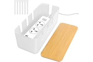 QOUBNIC Kabelmanagementbox, Kabelmanagement Box Aufbewahrungsbox für Kabel mit Bambusdeckel, Kabelaufbewahrungsbox zum Verstecken von Kabeln Organisieren von Computerverkabelung (Bianco)