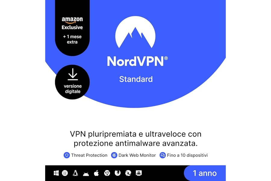 NordVPN Standard, Esclusiva Amazon, 10 Dispositivi, 1-Anno + 1 Mese Extra, Codice Digitale