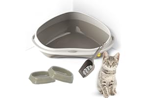 CAT CENTRE Grey Large Corner Cat Litter Tray Bundle + 2 Smarty Bowls 0.2L + Scoop - Cat Hygiene Toilet, High Rim