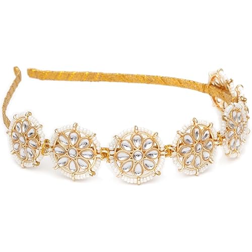 JEWILLEY Floral Kundan Mathapatti Sheeshpatti Golden Wedding Hairband, Celebrity Headband, and Hair Jewellery Tiara for Women and Girls