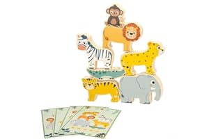 WOOMAX - Torre Animales de Madera, Zookabee, Incluye Tarjetas y Bolsa almacenaje Tela, Juego Equilibrio, Safari, Apilables, para bebés 24 Meses, Juguetes niños 2 años, Juegos educativos, FSC (47568)