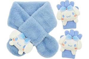 LKNBIF Cinna-moroll Kids Winter Scarf Gloves Set, Cinna-moroll Girls' Cold Weather Accessories Sets Thermal Knit Crochet Thick Fluffy Bobble Scarf and Gloves Set for Girls Aged 2-6