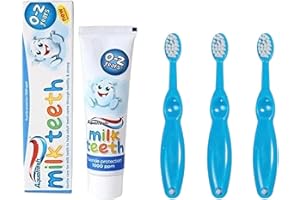 Milk Teeth Toothpaste (0-2 Years, 50ml) with First Steps Baby Toothbrush Set (3 Pack, Blue/Pink) & Sanitral Toothpaste Tube Squeezer (2 Pcs) (Blue)