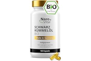 ‎NAROVITAL Schwarzkümmelöl Kapseln Bio Kaltgepresst & Naturbelassen - 180 vegane Schwarzkümmel Kapseln Hochdosiert - 1000mg Ägyptisches Schwarzkümmelöl pro Tagesdosis - Black Seed Oil