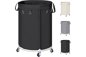 EFLUKY 150L Grande Panier à Linge avec Roulettes, Chariot Linge Sale Rond avec Cadre en Métal et Sac d'Oxford Imperméable, Panier à Linge avec Poignées pour Buanderie, Chambre, Salle de Bain, Noir