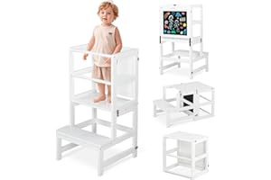 Bonnlo Lernturm mit drehbarer Tafel für Kinder, Lernturm klappbar ab 1 Jahr, Kinderstuhl aus Holz, für Küche und Bad, 45x45x84cm (weiß)