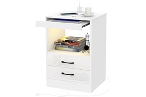 Lvhecforhm Weiß Nachttisch, Nachttische mit LED Licht 16 Farben Beleuchtung, Nachtschrank mit Steckdose und USB-Anschlüsse, Nachttisch mit Ladestationm, Nachttisch mit Schublade und Offenen Fächern