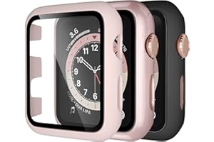 Dirrelo 3 Pack PC Case Compatible with Apple Watch 38mm Series 3/2/1 Tempered Glass Screen Protector, Full Cover All-Around HD Protective Bumper Case for iwatch 3/2/1, Pink/Rose gold/Black