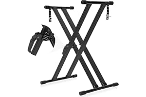 AKOZLIN Soporte para teclado con doble refuerzo X-Style, altura ajustable, soporte para piano digital con correa de bloqueo, color negro