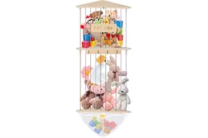 TEFOLA Estante de almacenamiento mejorado de animales de peluche, ajustable de 50 a 80 pulgadas, hamaca de juguete de madera, estante de almacenamiento de juguetes suaves de esquina, estante de