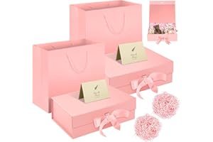 SEKEPINGO 2 paquetes de cajas de regalo con bolsa de regalo rosa, 32,5 x 23 x 10,5 cm, caja de regalo grande, lazo magnético, tarjeta de felicitación, regalo para boda, cumpleaños, día de la madre