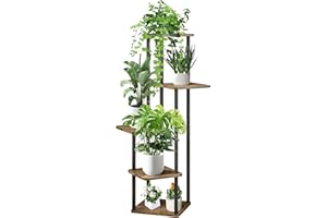 VASZOLA 5 Niveaux Support de Plante en Métal Bois, Multiple Étagère à Fleurs Support de Pots Fleurs Porte Plantes Interieur, Décoratif Présentoir Étagère de Pots Fleurs pour Salon Balcon(Noir)