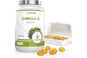 BIOTARY Omega 3 Vegan d'Huile d'Algue - 140 gélules, 3 mois environ de stockage, avec boîte à pilules, testé en laboratoire, EPA + DHA + Vitamin E, 100% Végétalien, Qualité supérieure