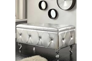 BAKAJI Skrzynia Pufa Pojemnik Podnóżek Sypialnia Ławka Stołek Drewniana Rama Powłoka Sztuczna Skóra Pikowana Dekoracja z Kryształami Nogi Metalowe Nowoczesny Design (Srebrny)