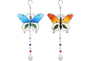 CKLHCFF Crystal Light Catcher,2pcs Butterfly Pendant, Crystal Sun Catcher, Moon Wind Chime, Metal Ring, Window Decoration, Hanging Decoration for Windows, Home, Garden Decoration