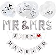Just Married Garland Banners Just Married Wedding Bunting Banners Wedding Decorations Banners Photo Booth Props With 10 PCS White Latex Balloons Aluminum Foil Mr&Mrs Balloons For Wedding