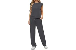 GRECERELLE Two Piece Outfits Women Summer Short Sleeve Tracksuit Womens Full Set Lounge Wear Sets for Women Casual Crew Neck Cap Sleeve Tops and Jogging Bottoms with Pockets