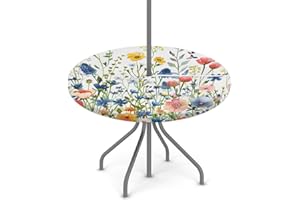 KNEMI Outdoor Round Tablecloth with Umbrella Hole, Watercolor Flower Patio Table Cover Fitted Tablecloth Waterproof Umbrella Table Cover for Party Picnic,Fit for 36"-44" Round Tables