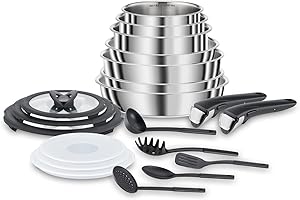 Lagostina Ingenio Inox Set di Pentole e Padelle in Acciaio Inox, 20 Pezzi, Adatto ad Induzione, Batteria di Pentole con 3 Casseruole, 3 Padelle, Tegame,6 Coperchi, 5 Utensili Cucina,2 Manici Amovibili