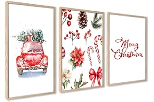 ag.art deco® Merry Christmas Poster Set 50x70cm | Weihnachts Rot Auto Weihnachtsbaum Zuckerstangen | Bilder für Wohnzimmer Arbeitszimmer Esszimmer | 3x Bilder ohne Rahmen