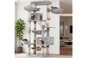 Heybly Arbre À Chat, Tour De Griffer 180 cm, 2 Plateformes, 2 Cabanes De Sommeil, 2 Hamacs, Panneau À Griffer. Grand Meuble pour Chats avec Endroit Dormir, Gris Clair HCT034W
