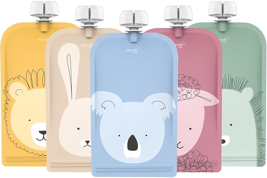 Cherub Baby Reusable Yogurt Pouches 5 Pack 150ml Leakproof Freezer Safe BPA-Free Squeeze Bags for Toddler Baby Snacks Reusable Easy Fillable Animal Printed Pouch for Homemade Smoothies Purees Yoghurt