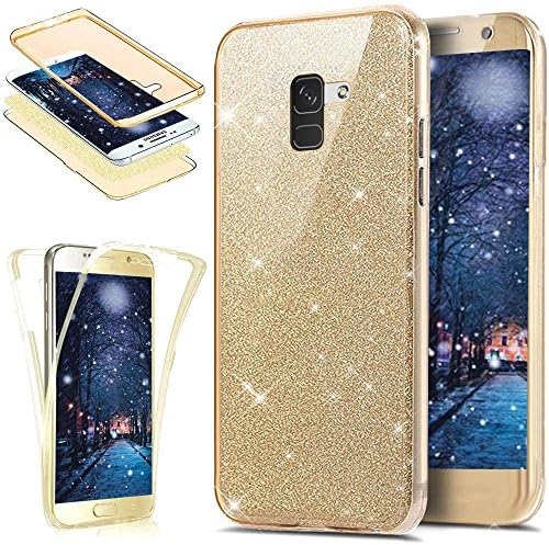 Samsung Galaxy A8 2018 Silicone Case,Samsung Galaxy A8 2018 Cover,EUWLY [ Front and Back Full Body 360 Degree Protection ] Full Coverage Protection Shockproof Silicone TPU Cover Case Slim Soft Flexible TPU Bumper Case Ultra Thin Bling Shiny Glitter Sparkly Anti-Scratches Soft Gel TPU Silicone Rubber Case Covers for Samsung Galaxy A8 2018 + Blue Stylus Pen,Gold