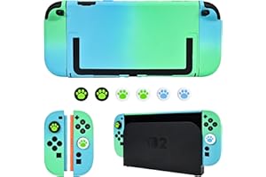 DLseego Hülle für Switch 2 2025, Dockable Farbige Harte Schutzhülle aus PC mit 2 Handgriffen und 6PCS Daumen Grips Kappe,Blau+Grün