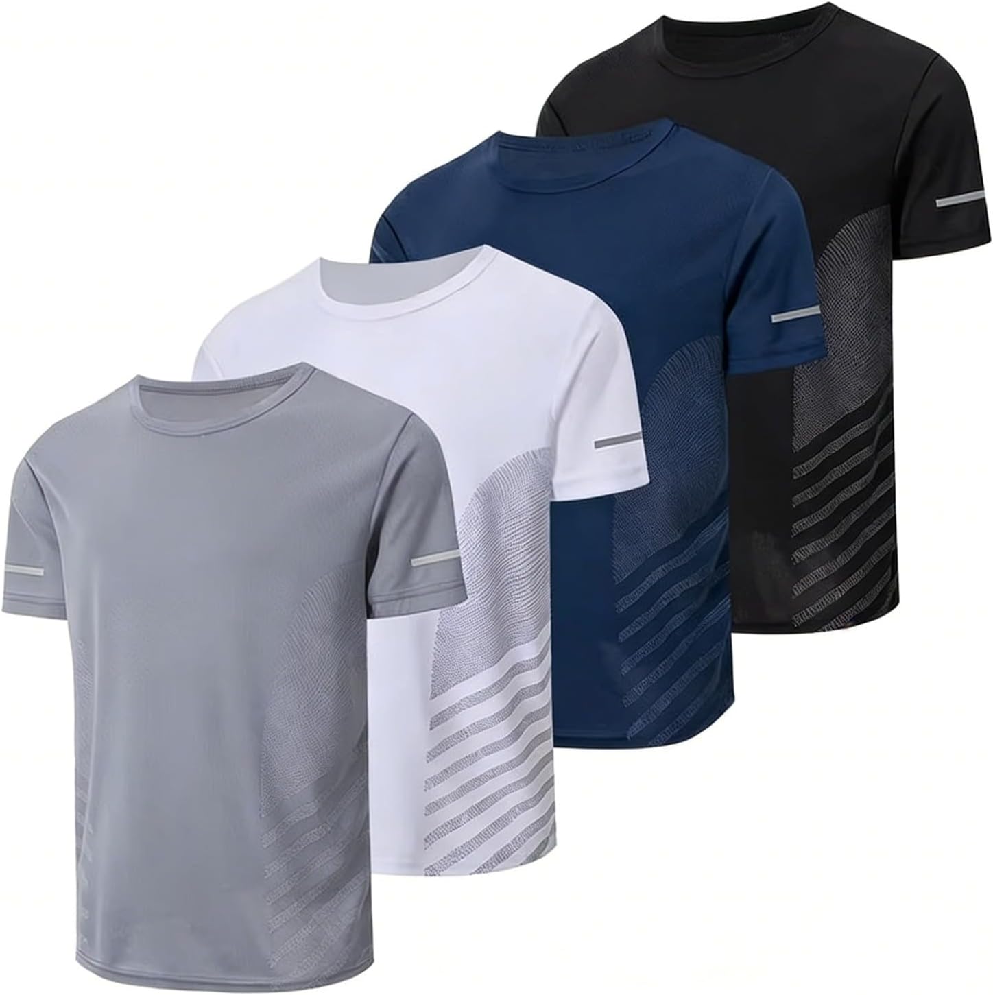 Camiseta de entrenamiento de secado rápido para hombre, transpirable, cuello redondo, manga corta con tira reflectante para gimnasio y correr