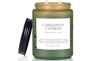 M&SENSE Candele di soia Cardamomo e Cipresso profumate per la casa. Candele di soia naturale a 2 stoppini grandi. 550 g. Durata 110 ore. Lenta combustione. Regalo di candela invernale profumata