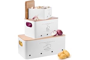 VORHOT Pudełko do przechowywania ziemniaków, 3-częściowy zestaw, cebula, ziemniaki, czosnek, pudełko na ziemniaki z pokrywką z bambusa, biały