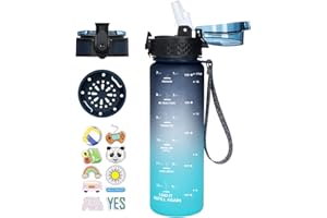 GOPPUS 500ml/17oz Bouteilles d'eau étanche pour Enfants pour L'école avec Paille Sans BPA Tritan Bouteille d'eau de Sport Réutilisable pour Tout-petit avec Marquage de l'heure avec 2 Couvercles