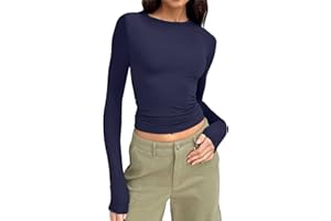 MEILYVIBA Skims Langarmshirt Slim Fit Damen Y2K Oberteile Langarm Shirts Rundhals Cropped Tee Einfarbig Basic Crop Tops Casual Athletisches Top Teenager Streetwear V Ausschnitt Vintage Clothes Stockholm Style