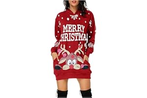 MEAUNZYL 2024 Natale Vestito Invernale Elegante Abito Felpa Natale Donna Con Cappuccio Manica Lunga Maglia Felpe Lunghe Curvy Maglioni Vestito Casual Con Stampa Renna Natalizia Rosso Hoodie Mini Abiti Natale