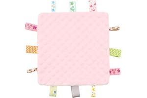 ZIGJOY Baby Comforter blanket with Tags Taggy Blanket Taggie Comfort Blanket Baby Soothing Plush Security Blanket with Colorful Tags Gift for Newborn Infant Boy Girl Pink