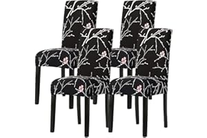 papasgix Coprisedie con Schienale 4 Pezzi,Fodere per Sedia per Sala da Pranzo Elasticizzato,Lavabile Estraibile,Moderna Copertura della Sedia per Soggiorno,Cucina,Hotel,Ristorante(Fiore/Nero,4 Pezzi)