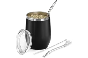 TELANKS Mate Becher, 340 ml Mate Tee Tasse, Doppelwandiger 18/8 Edelstahl Enthält Bombillas und eine Reinigungsbürste, Yerba Mate Becher(Schwarz)