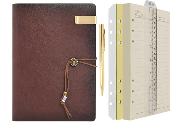 Wonderpool A6 Carnet de notes en papier doublé en cuir et stylo - Reliure à 6 anneaux rechargeable Écriture en spirale pour le travail de voyage au bureau (a-café, A5)