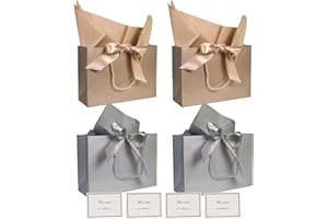 TAIXING 4 Piezas Bolsas de Regalo, Bolsa de Regalo con Papel Decorativo 8 y 4 Tarjetas, Bolsa Regalo Grande con Asas para Cumpleaños Bodas Celebración Graduaciones, 28 * 20 * 9cm (Champán y Gris)