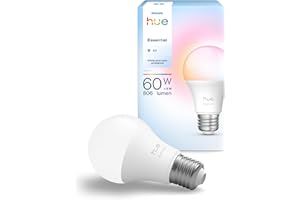Philips Hue Essential Smart LED A60 Bulb, White and Color Ambiance, E27 Base, 8W, 2200K-6500K, 806 Lumens, Dimmable, Works with Alexa, Google Assistant, and Apple Home, 1 Pack