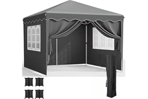 LIFERUN Tonnelle Pliante 3x3, Tonnelle de Jardin Pliable avec Oxford 420D, Fête Pliable Réglable Hauteur, Imperméable, pour Cour, Marché, Plage, Camping, Foncé Gris