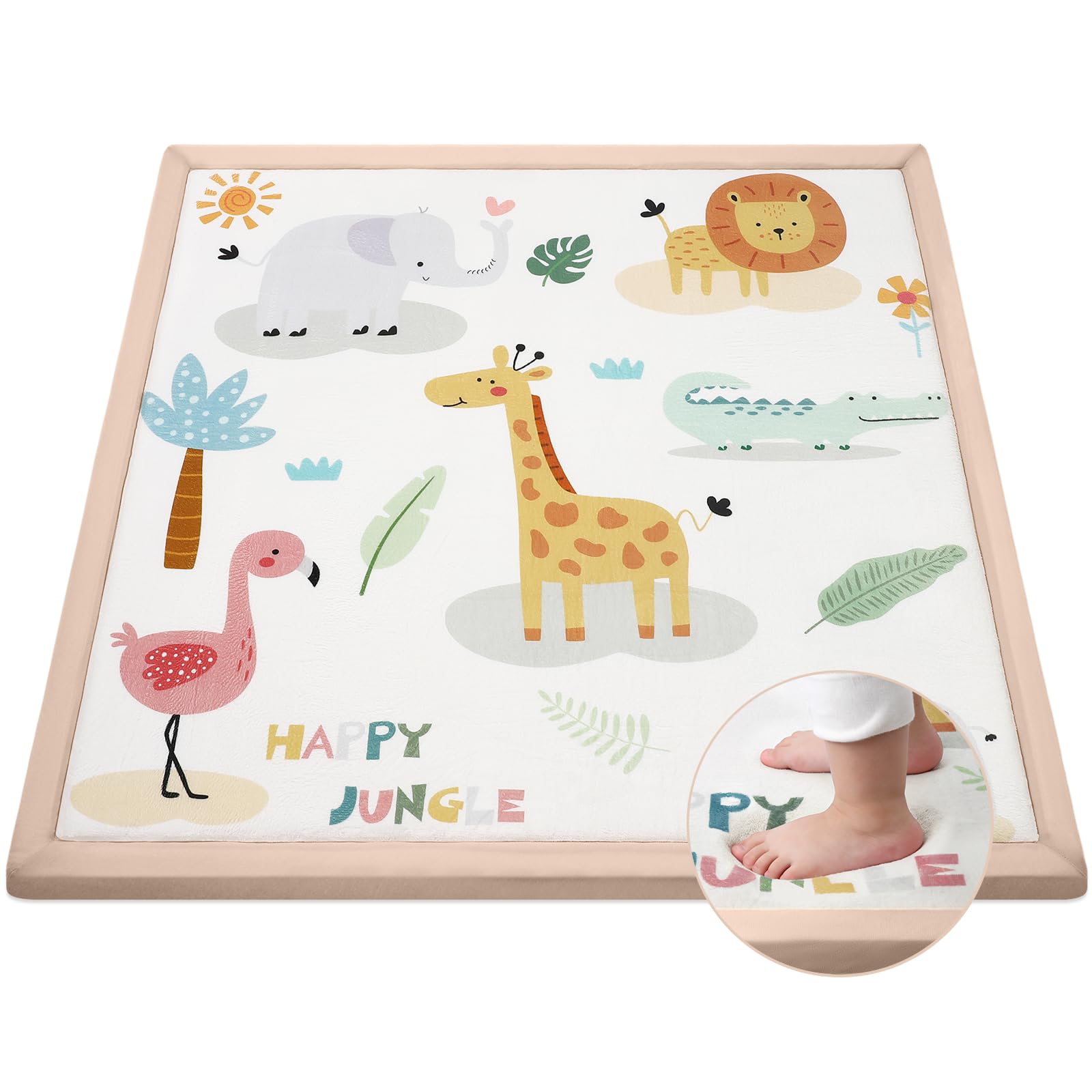 Alfombra Colchoneta Bebe Suelo Acolchada, 127x127x3cm Tapete Actividades de Juegos Plegable para Bebe Niños Infantiles, Superficie de franela Suave con Base Antideslizante - Animales de la Selva - 1