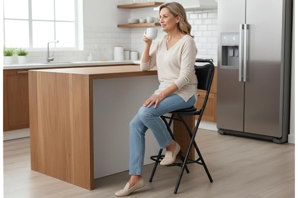 CSS Folding Kitchen Bar Stool Chair 24 Inch Height, Faux Leather Seat, Space Saving, Metal Frame with Footrest, Power-Coated Finish, Lightweight (4 kg), Weight Capacity 120 kg Black (Kitchen)