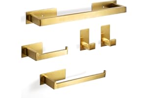 Virklyee Autoadhesiva Conjunto Toallero de 5 Piezas 43CM Set de Juego de Toallero de Acero Inoxidable Porta de Papel de Baño 2 Gancho de Toalla Colgante de Pared Juego de Accesorios de Baño(Oro)