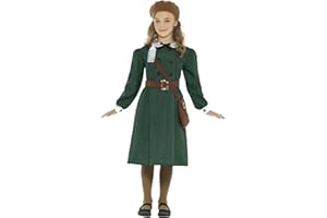 Smiffys WW2 Evacuee Girl Costume, Green with Dress, Hat, Bag & Name Tag, Girls Fancy Dress, 1940s Dress Up Costumes