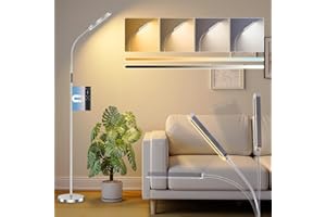 AMDELNE LED Floor Lamp 12w 1400lm, Dimmable Standing Lamps with Remote, 4 Colour Temperature, 1H Timer, Memory Function, Modern Reading Light with Adjustable Gooseneck for Living Room Bedroom Office, Nickel