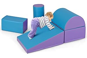 COSTWAY 5PCS Parcours Motricité Bébé en Mousse EPE avec Housse en PU, Module Motricité Bébé avec Fermeture Clair, Jouets Éducatifs Colorée pour Ramper pour Enfants d'Âge Préscolaire (Bleu+Violet)