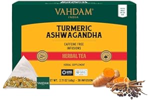 VAHDAM, Turmeric Ashwagandha Herbal Tea Bags (30 Count) Caffeine Free, Non GMO, Gluten Free | 100% Pure Herbal Blend - Sweet & Earthy | Individually Wrapped Pyramid Tea Bags | Direct from Source